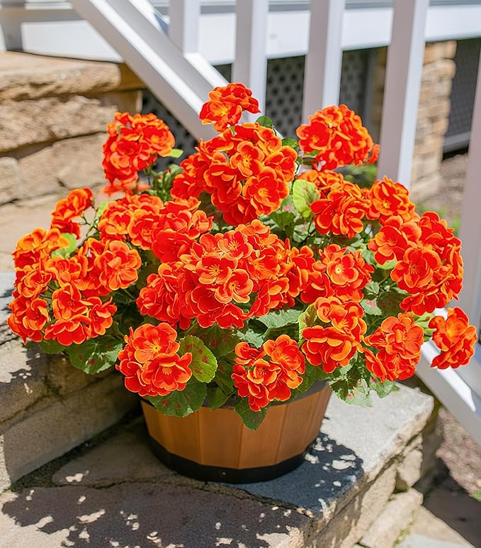 Fake Geraniums Artificial Flowers for Outdoors Fall Autumn Decoration, 6 Bundles Silk Geraniums UV Resistant Look Real Orange Faux Flowers Plants for Front Door Garden Planter Patio Balcony Yard Home