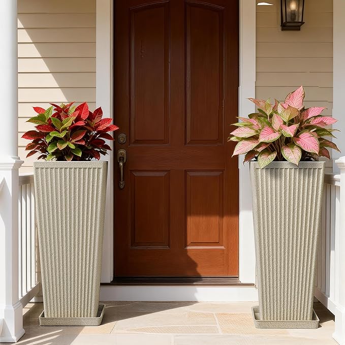 Tapered Tall Planters for Outdoor Plants 2 Pack- 23.6 Inch Heavy-Duty Classic Square Indoor Flower Pots with Drainage Holes/Partition/Tray, Large Outdoor Planters for Porch Patio, Beige