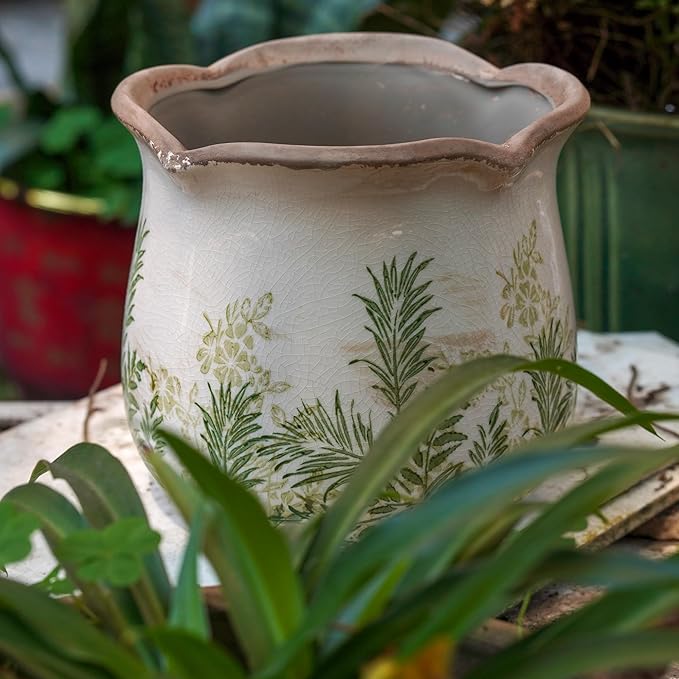 Rustic Ceramic Planter, 6 Inch Tuscan Vintage Flower Pot with Drainage, Farmhouse Garden Pot for Indoor Plants, Kitchen & Garden Tuscan Decor, Plant Lover Gift (Grass Green)