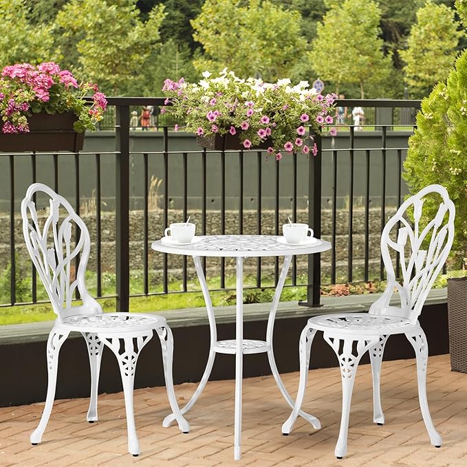 Outvita Patio Table and Chairs Set, Cast Aluminum Outdoor Cafe Table and Chairs Set of 3, Stability Patio Bistro Sets with Umbrella Hole for Garden, Patio, Balcony, Tulip Pattern White
