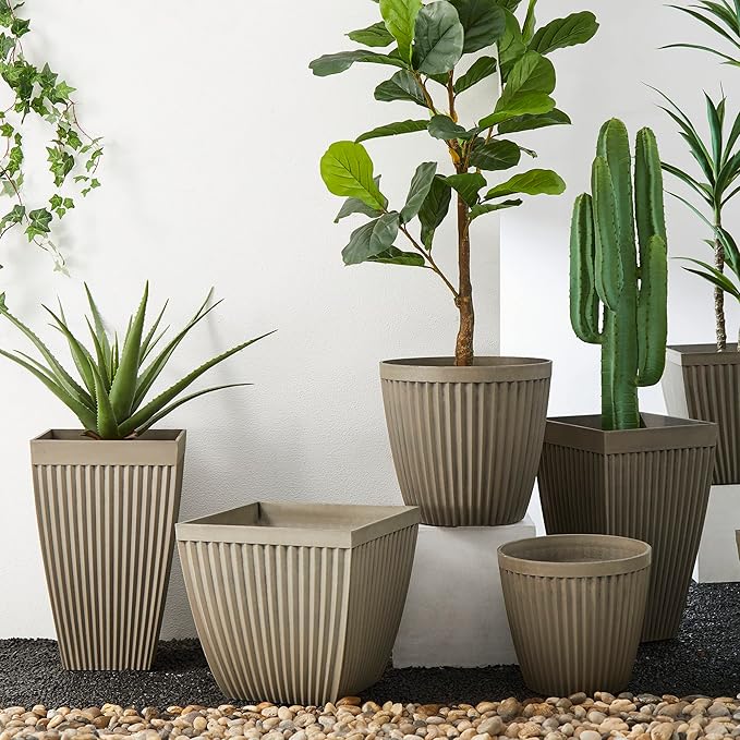 Glitzhome 23" H Tall Planter, Large Planters for Outdoor Plants, Outdoor Planters with Drainage Hole, Faux Concrete Fluted Large Flower Pots for Porch Indoor Patio Garden and Deck, Set of 2