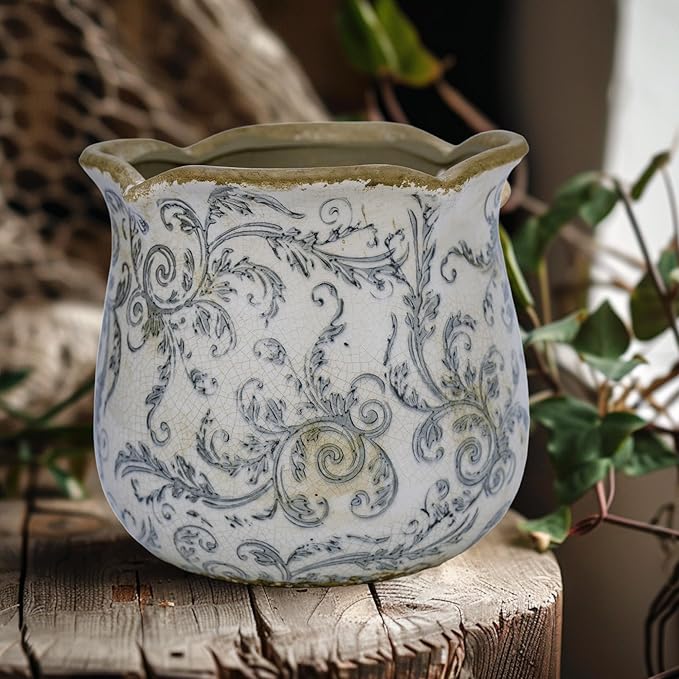 Rustic Ceramic Planter, 6 Inch Tuscan Vintage Flower Pot with Drainage, Farmhouse Garden Pot for Indoor Plants, Kitchen & Garden Tuscan Decor, Plant Lover Gift (Grey)
