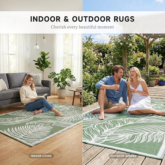 wikiwiki 6x9ft Outdoor Rug, Reversible Plastic Patio Rug Waterproof, Indoor Outdoor Carpet Clearance, Large Area Carpet for Patio Deck Balcony Pool RV Camping Beach Picnic, Green