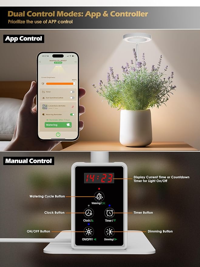 Smart Grow Lights for Indoor Plants, Plant Light with Auto-Timer, Full Spectrum LED Grow Light, Adjustable Height & Stepless Dimming,Plant Assistant Suitable for Most Plants (White, 8W)