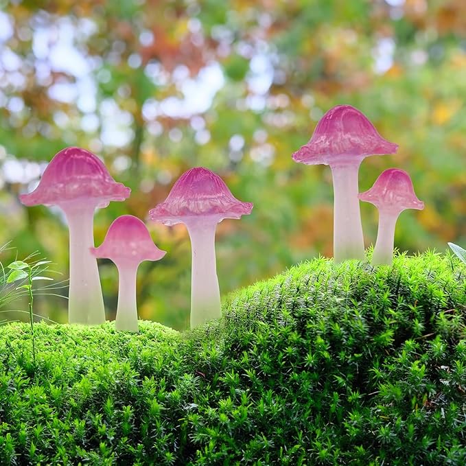 Mini Mushroom Figurines, Tiny Mushrooms Miniature Mushrooms Fairy Garden Accessories Terrarium Decor Micro Resin Mushroom Fairy Garden Decor Mushrooms with Stakes Translucent Pink 5PCs