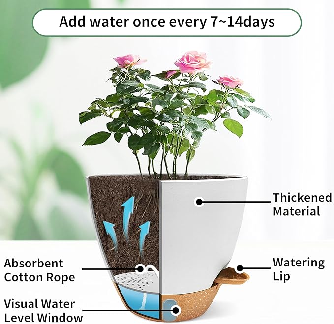 12"/10"/9"/8" Self Watering Pots with Visual Water Window,Extra Large Self Watering Plant Pots with Drainage Holes & Saucers,White Planters for Indoor Plants,4-Pack