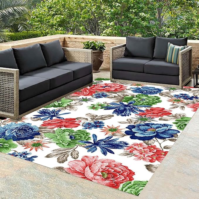 Floral Textured Modern Farmhouse Waterproof Outdoor Area Rug for Patio Deck Porch Balcony Ultra Navy Blue Green Garden Washable Outside Large Carpet Home Entrance Hallway Non Slip Mat 10x12