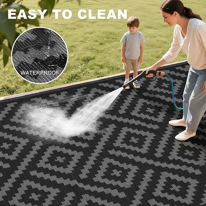 RURALITY Outdoor Rugs 5x8 Feet for Patios Clearance,Plastic Straw Waterproof Mats for Backyard,Porch,Deck,Balcony,Black&Deep Grey