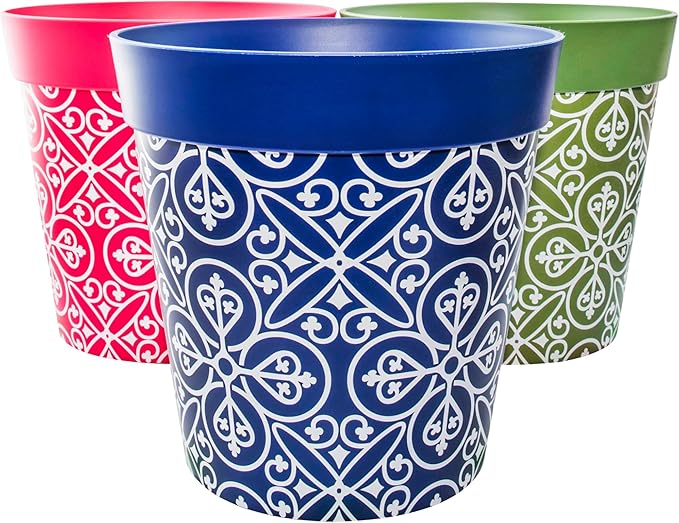 Hum Flowerpots, 10 inch Set of 3, Variety of Colors and Sizes, Indoor/Outdoor Plastic Plant pots, Multi Maroc