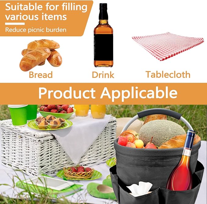 Black 17 L Picnic Garden Tool Bag with 6 Pockets, Foldable Bucket Organizer for Storage Camping Home Cleaning Products, Portable Garden Caddy Tote with Handle Harvest Basket (Black)