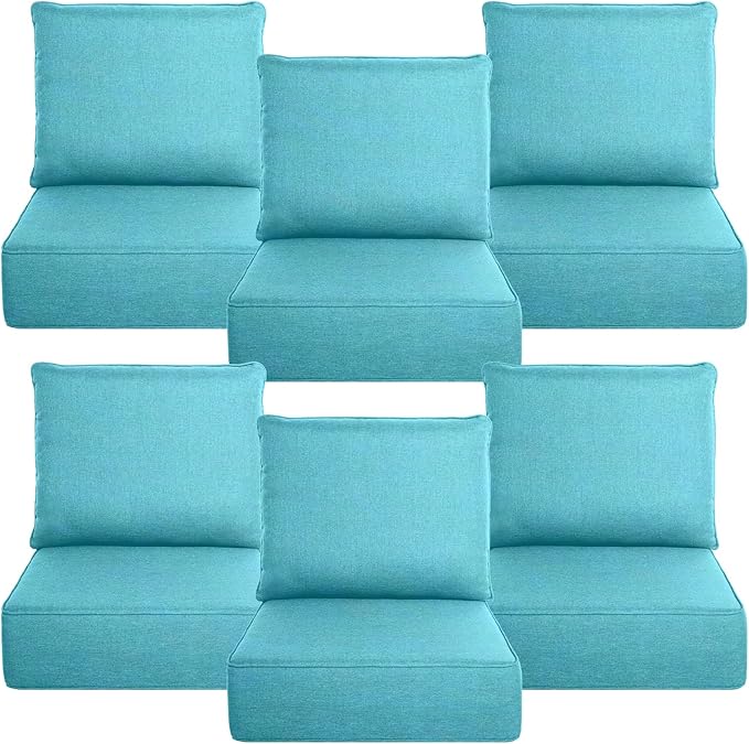 Belord Luxury 6" Thick Outdoor Cushion 6 Set - 22 x24 Inch 28D Sponge Filling Fade-Resistant Chair Cushion, Spill Proof Removable Patio Furniture Replacement Cushion for Sofa Bench Swing - Turquoise