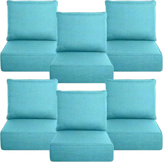 Belord Luxury 6" Thick Outdoor Cushion 6 Set - 24 x24 Inch 28D Sponge Filling Fade-Resistant Chair Cushion, Spill Proof Removable Patio Furniture Replacement Cushion for Sofa Bench Swing - Turquoise