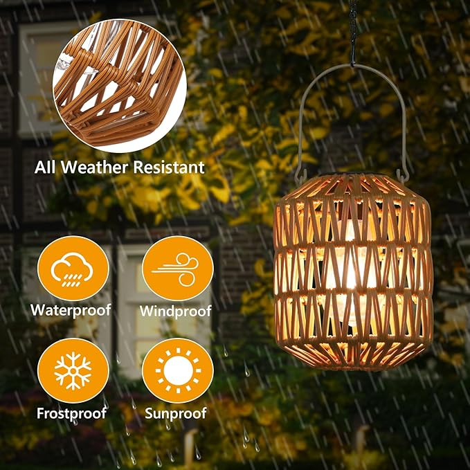 2 Pack Solar Lanterns Outdoor Waterproof, Rattan Solar Lights for Yard, Outdoor Garden Lights, Hanging Lanterns Decorative Birthday Gifts for Mom Grandma, Outdoor Lanterns for Porch, Patio, Pathway