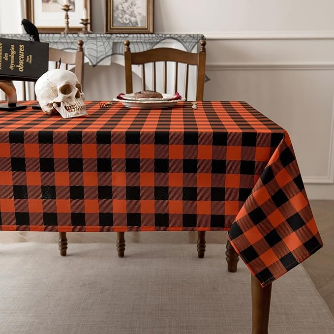 Classic Orange Gingham Buffalo Tablecloth Fabric - Oblong 58x144 Inch Water Proof Checkered Table Cloth for Indoor Outdoor - Farmhouse Table Cover for Halloween Party, Picnics, and Parties