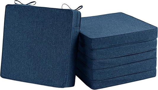 Outdoor Chair Cushions, Water-Resistant & Fade-Resistant, Patio Furniture Seat Replacement Chair Pads with Ties Zipper, Removable Cover, Non-Slip Bottom, Set of 6, 17 x 16 Inch, Navy Blue