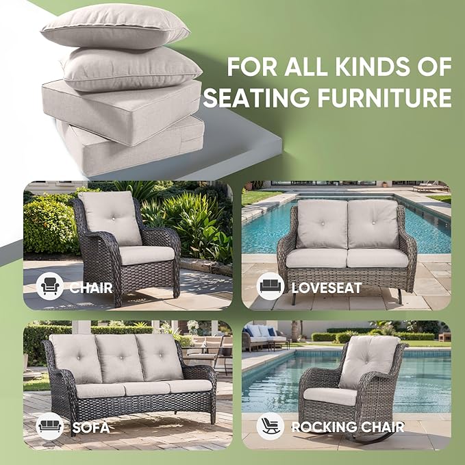 Outdoor Chair Cushions Set of 2, Waterproof 24x24 Patio Chair Cushion, 6" Thickened Seat cushions for outdoor furniture, Replacement Couch Cushions, Include 2 Back & 2 Seat Cushions, Thick/Beige