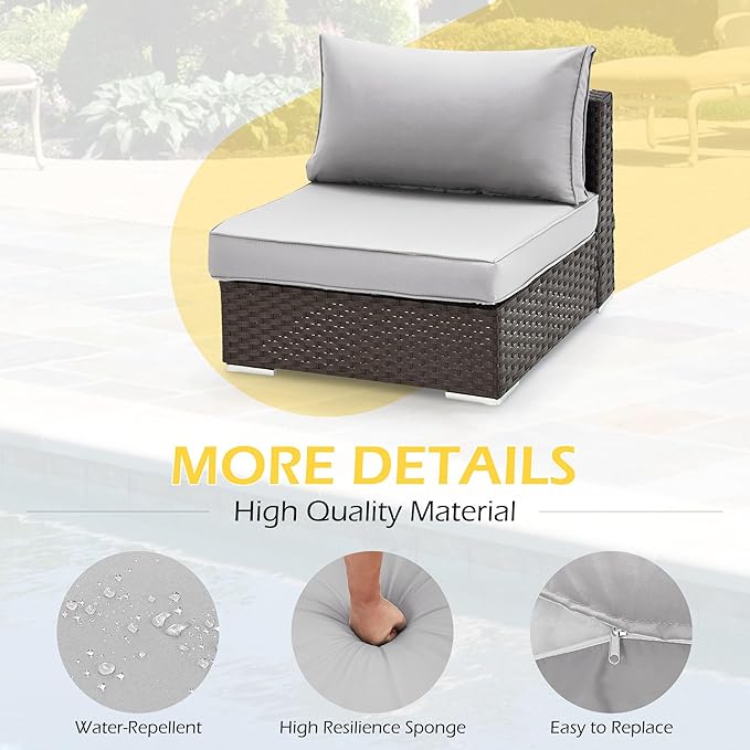 HOMREST Outdoor Replacement Cushions for Patio Furniture,Water-Repellent Sofa Cushion for 6-Seat Rattan Wicker Sectional Patio Conversation Sets,14-Piece Cushions Set for Outdoor Couch（Silver Grey）