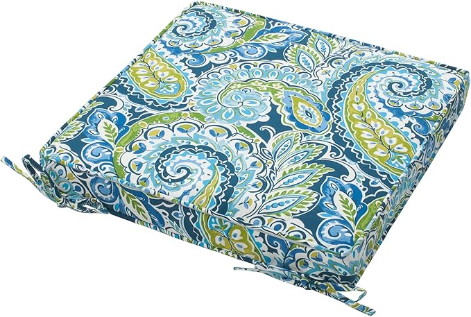 Magpie Fabrics Indoor Outdoor Waterproof Square Chair Cushion, 18" x 18" x 2.5", 2 Pack, Water Resistant Seat Cushions, for Patio Garden Office, Paisley Lapis Green