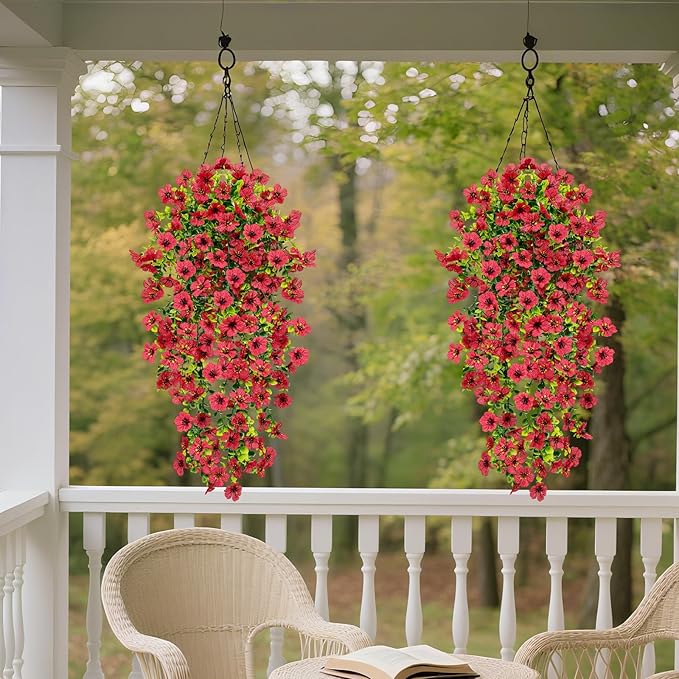 4 Pcs Outdoor Fall Decor, Fall Flowers Artificial For Decoration, Artificial Mums For Outdoors, Fake Mums Faux Mums For Outside Half Sphere, Fake Hanging Plants Plastic Flowers For Home Porch (Red)