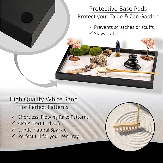 Zen Garden Kit 11x8in. Beautiful Japanese Decor Mini Rock Feature Gift Set for Home, Office Desk. Zen Sand Garden, 6 Tools, 15 Accessories. Sand Tray Therapy Desktop Meditation Room