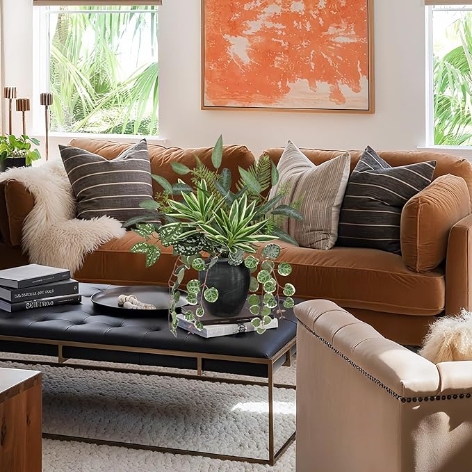 Artificial Greenery Arrangement with Cement Vase, Fake Potted Plants in Rustic Jug Planter, Faux Leaf Bouquet for Table Centerpiece, Farmhouse Home Decor, Dining Room, Living Room, Shelf Decoration