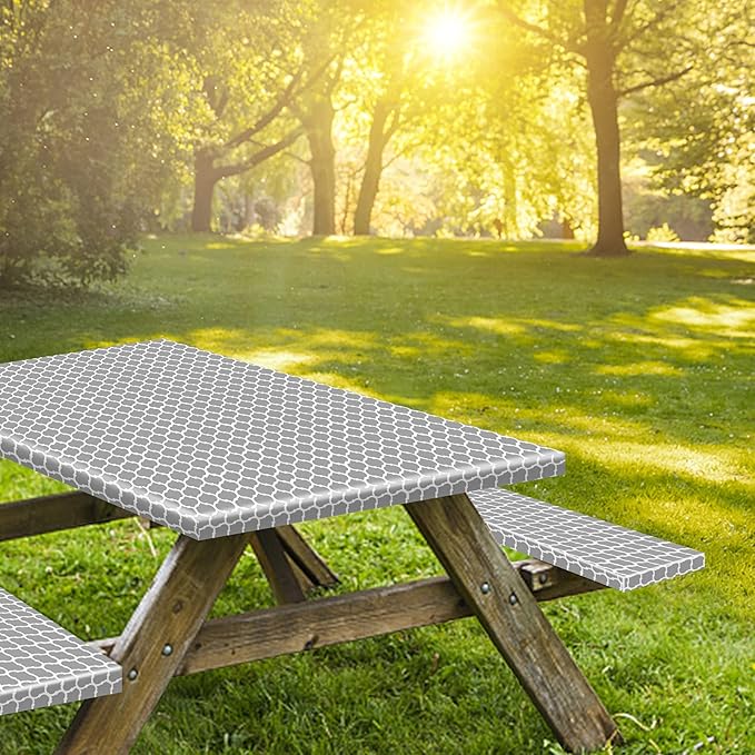 KENOBEE 7ft Picnic Table and Bench Cover, Camping Essentials RV Gear, 84 in Waterproof Windproof Outdoor Elastic All Around Tablecloth, Fitted Rectangle Tables and Seats, Gray-White Moroccan