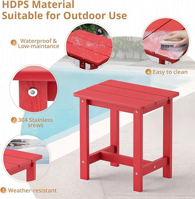 LUE BONA Outdoor Side Table Set of 2, HDPS Small Outdoor Table, Adirondack Side Table, Outside End Table for Patio, Porch, Pool, Weather Resistant/Easy Maintenance/Indoor or Outdoor Use, Bright Red