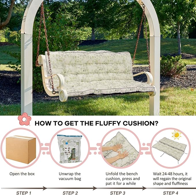 2-3 Seat Swing Replacement Cushion, Outdoor Bench Cushions with Backrest Thicken 4", Patio Furniture Garden Porch Loveseat Glider Pad Anti-Fading Waterproof (White Leaf, 40x63in-thicken)