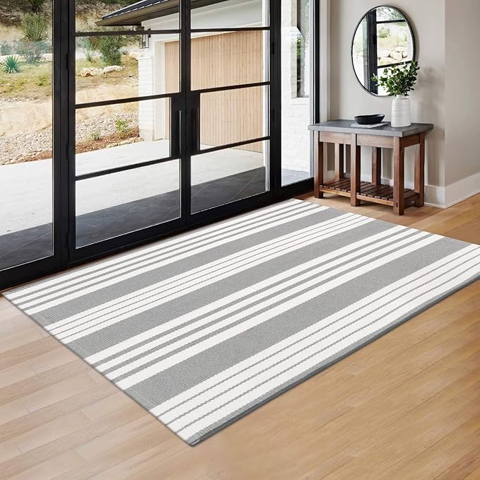 OJIA Entryway Rug 3'x5' Cotton Hand Woven Front Door Mat Outdoor Doormat Machine Washable Outdoor Rugs Grey and White Striped Entry Rug Porch Rugs for Farmhouse/Bedroom/Home Entrance Decor