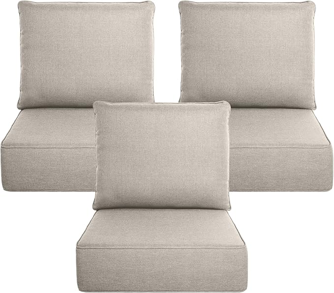 Belord Luxury 6" Thick Outdoor Cushion 3 Set - 24 x24 Inch 28D Sponge Filling Fade-Resistant Chair Cushion, Spill Proof Removable Patio Furniture Replacement Cushion for Sofa Bench Swing - Beige