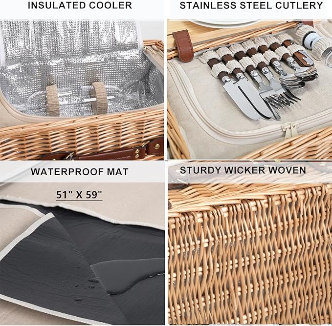 Multifunctional Wicker Picnic Basket Set for 4 with Blanket and Picnic Table, Insulated Picnic Set with Full Tablewares for Camping Outdoor Couples,Natural