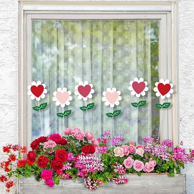 BreezeHug 6 Pcs Valentine's Day Heart Shaped Flower Planter Stakes Outdoor Garden Stakes Sign Valentine Flower Stick Pink Red Decorative for Yard Patio Lawn Decor (Solid Color)