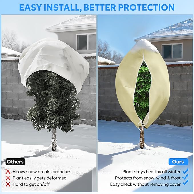 MIXC Plant Covers Freeze Protection, 31.4''×39.3'' Winter Cold Weather Frost Blankets Shrub Jacket with Drawstring Reusable Frost Protection Cloth for Outdoor Plants Fruit Tree Potted (4 Pack)
