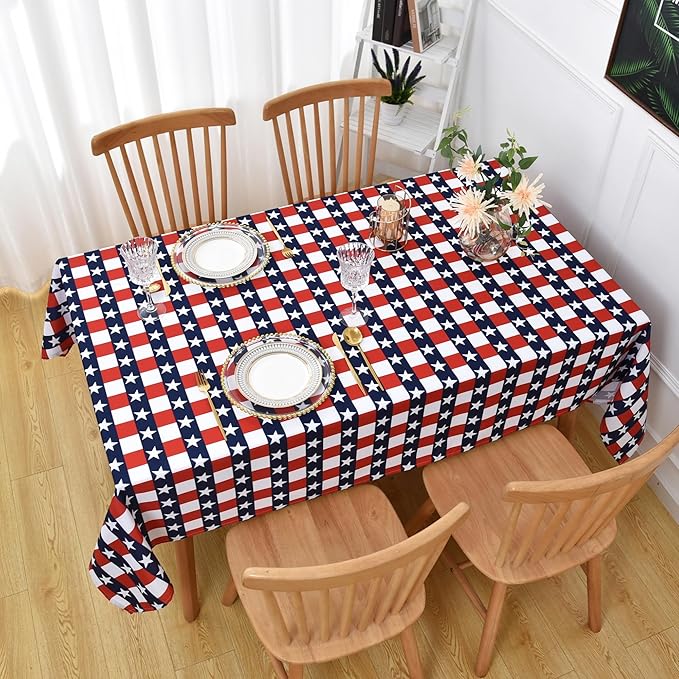Waterproof July 4th Tablecloth Fabric - Rectangle 58x84 Inch Classic Gingham USA Themed Table Cloth for Indoor/Outdoor Use - Washable Table Cover for Kitchen, BBQs, and Parties