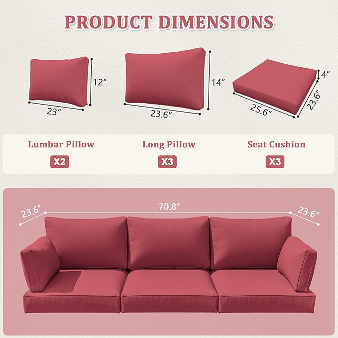 8-Piece Outdoor Cushions for Patio Furniture Thick Outdoor Chair Cushions Resilient Foam Waterproof Deep Seat Cushion Replacement for 3-Seat Sectional Sets Liner&Cover Fuchsiared