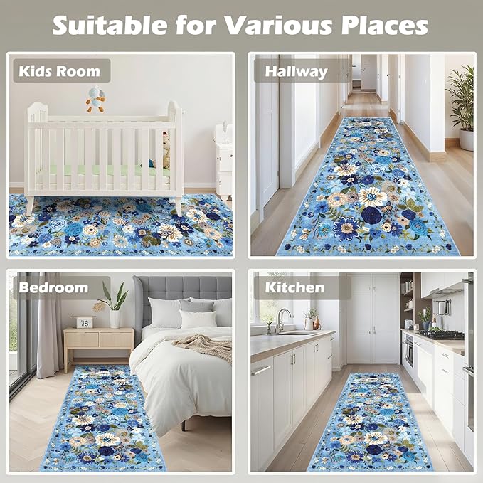 Rug for Hallways Kitchen Rug 2x6, Non Slip Washable Rugs with Rubber Backing Soft Floral Carpet Runner for Hallways, Kitchen, Laundry, Bedroom, Bathroom (Blue Garden, 2 x 6)