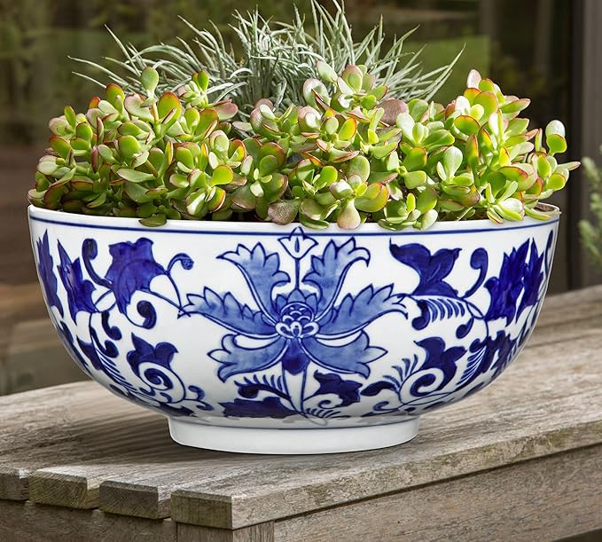 Hollyone Blue and White Vase Porcelain Planters 9 Inch Garden Bowl Modern Ceramic Pots Classic Chinese Floral Vase for Indoor Outdoor Succulents Bonsai Fairy Gardens Herbs