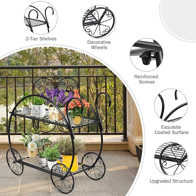 Giantex Garden Cart Metal Plant Stand with 4 Decorative Wheels, Succulent Collection Flower Pot Holder Display Shelf for Home Patio Garden Flower Shop, Parisian Style Plant Potted Rack (2-Tier)