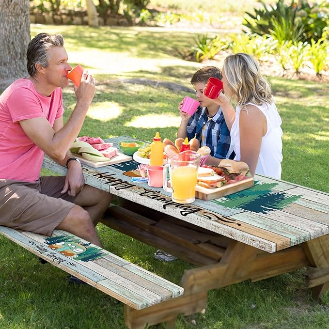 Picnic Table Cover with Bench Covers Elastic Edges, Green Camper Fitted Table Cover, Outdoor Patio Camping Essentials 72 Inch 3PCS, Waterproof Camping Fitted Tablecloth with Drawstring Bag