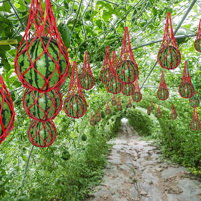 12 Pack Melon Hammocks Cradles with S Hanging Hooks, Heavy Duty Watermelon Nets Melon Hammock for Trellis Pumpkin Hanging Bags for Growing Cantaloupe Pumpkin in Vertical Garden (Red, 12)