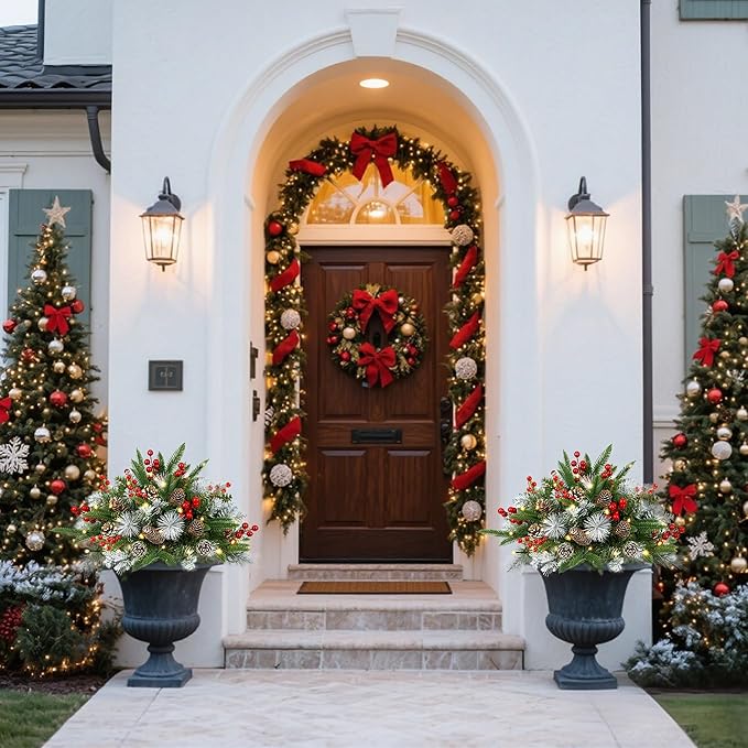 Outdoor Urn Filler, Set of 2 Lighted Outdoor Christmas Tree, Battery Operated Christmas Porch Decorations for Driveway, Yard, Garden, Flower Beds