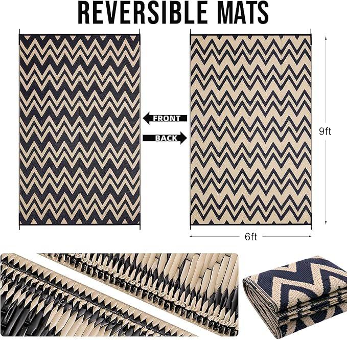 OLANLY Waterproof Outdoor Rug 6x9 ft Clearance, Reversible Outdoor Plastic Straw Rug, RV Mat, Indoor Outdoor Carpet for Patio, Camping, Balcony, Deck, Backyard, Black & Beige