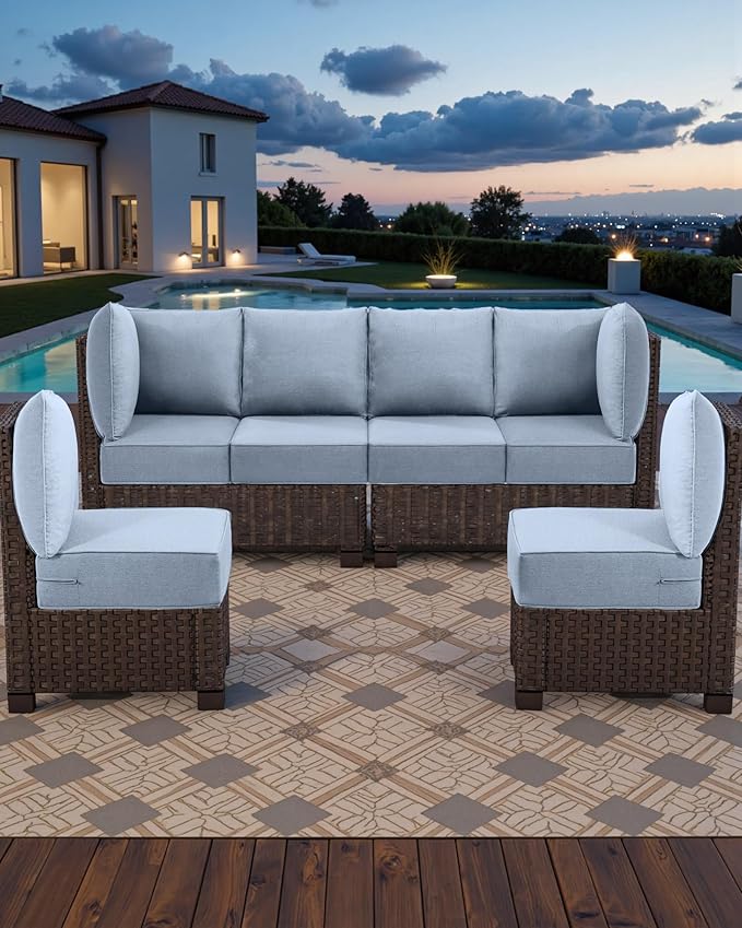Luxury 24x24x6 Outdoor Seat Cushions for 6-Seat Sectional Sofa Set of 6 - Water-Repellent 14-Piece Patio Cushion Set for Outside Wicker Loveseat Chair L-Shape Couch - Baby Blue/Classic
