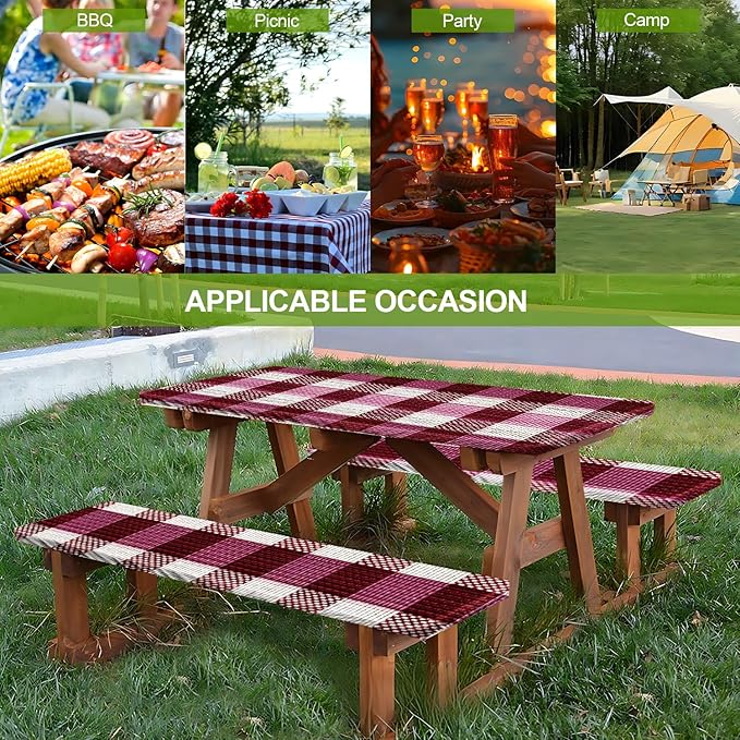 Picnic Table Cover with Bench Covers Set of 3 - Wine Purple Checkered Tablecloth, Elastic Fitted for 6 Ft Tables, Washable Polyester Cover for Camping, Indoor & Outdoor