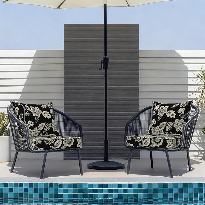 Outdoor Deep Seat Cushion Set, Water Repellent 22"x22" Patio Thick Cushions Replacement with Seat & Back Pillow for Patio Sofa, Wicker Chair, Couch - Vines Black