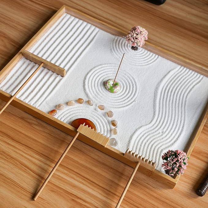 Zen Garden Rake Tool Accessories - Japanese Sand Zen Bamboo Rakes Tools Set, Office Relaxation Gifts with Healing Stones Zen Garden Decor for Man Woman Father Mother Birthday Gifts