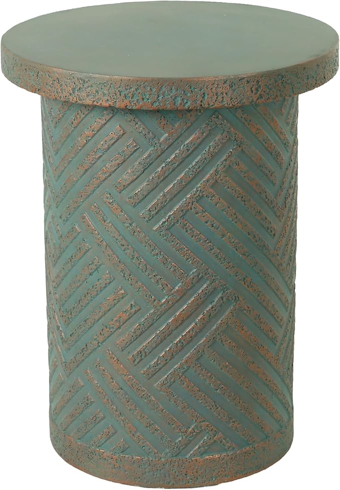 16.93" Cement End Tables for Patio,Faux Terrazzo Modern Small Round Side Accent Table,Tree Stump Garden Stool Drum Indoor and Outdoor,Green