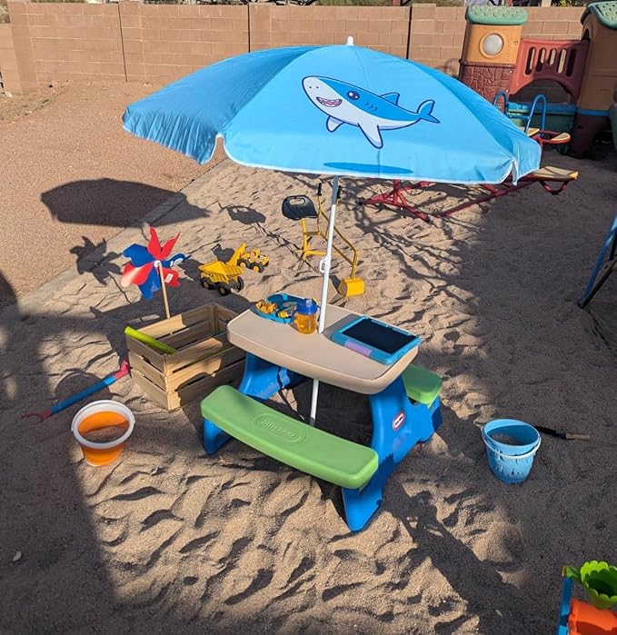 AMMSUN 5ft Seaside Umbrella for Sand Box Water Table - Kids Durable Umbrellas for children Picnic Beach Camping Garden Outdoor Play Shade (5ft Light Blue Shark)