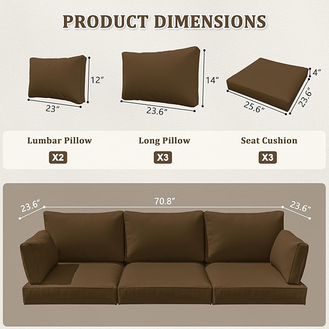 8-Piece Outdoor Cushions for Patio Furniture Thick Outdoor Chair Cushions Resilient Foam Waterproof Deep Seat Cushion Replacement for 3-Seat Sectional Sets Liner&Cover Chocolate