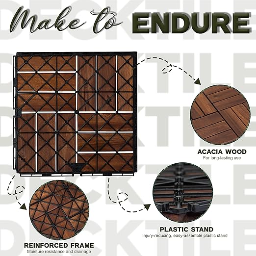 Acacia Wood Flooring Interlocking Deck Tiles for Patio Decor 27 Pcs 12 Slats VR Brown - Waterproof Indoor & Outdoor Decor - Balcony Garden Decking Tile (12.2 * 12.2 * 0.7 inches)